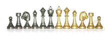 Load image into Gallery viewer, Gold and Burgundy Leatherette Chessboard, Backgammon ,and Checkers Set with solid metal Staunton chess pieces
