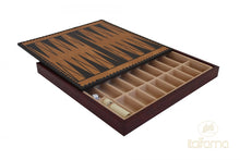 Load image into Gallery viewer, Gold and Burgundy Leatherette Chessboard, Backgammon ,and Checkers Set with solid metal Staunton chess pieces
